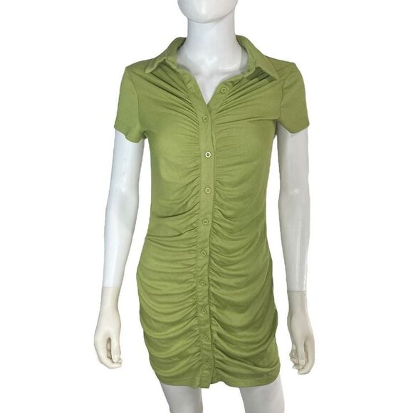 Shein Women’s Medium(6) Buttondown Green Short Sleeve Mini Dress Collared - Picture 1 of 5